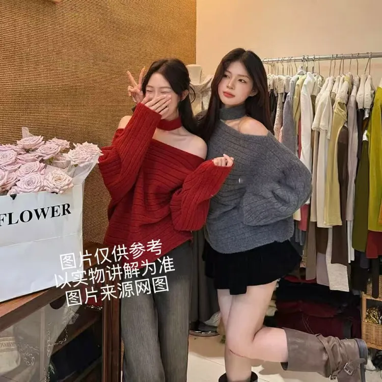 2025冬季新款大码女装韩系韩系蝙蝠袖一字领脖套显瘦百搭斜肩毛衣