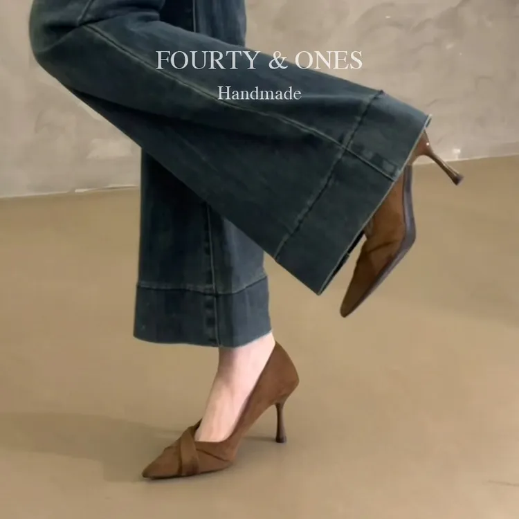 羊皮粗跟版~法式绝美尖头交叉带高跟鞋新款复古绒面浅口细跟单鞋