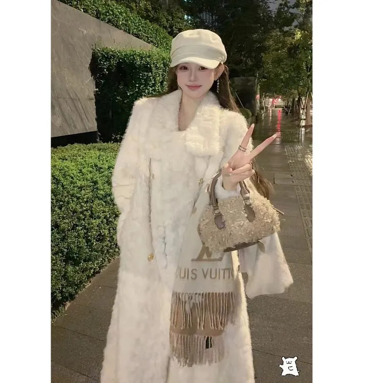 云上雪岛2.0 小立领仿小湖羊毛毛时尚设计师外套2025新款长款大衣