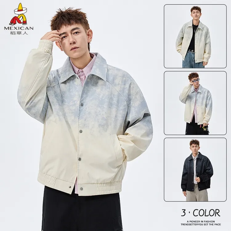 稻草人薄款中性风扎染男男式美式复古拼皮夹克散口袖渐变外套