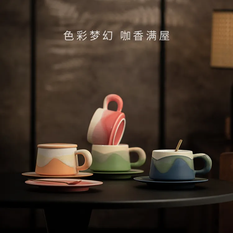 山野咖啡杯带杯碟家用陶瓷带盖马克杯办公室个人专用喝水杯情侣杯