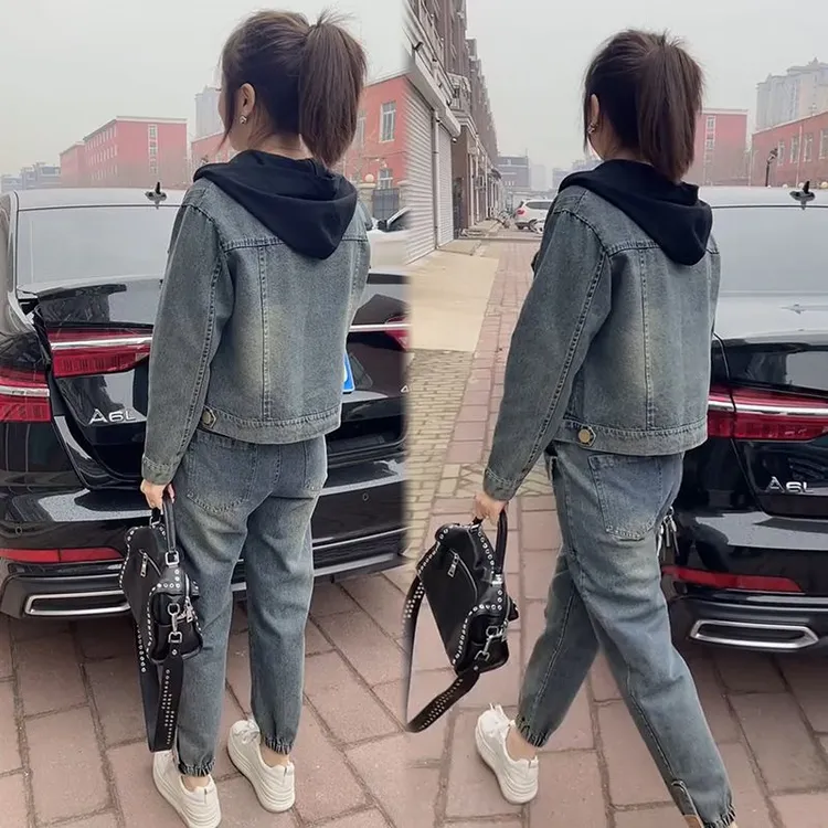 春季牛仔套装新款时尚2025女洋气宽松大码外套显瘦连帽外搭两件套