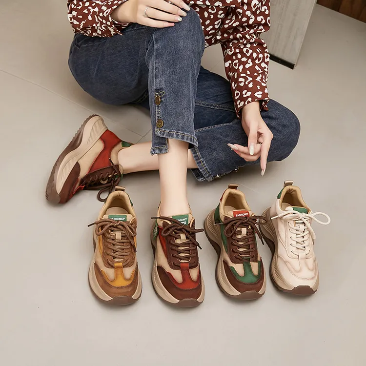 华福鸟头层牛皮老爹鞋复古拼色厚底休闲鞋舒适真皮运动鞋(高帮款）