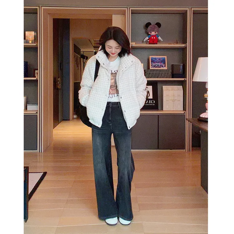 TRACYCHU碳黑色加绒保暖微阔腿牛仔裤显瘦百搭舒适洋气款冬季新款