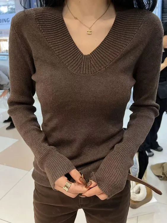 高级感内搭咖色大领口v领针织女秋冬气质毛衣打底短款上衣A11181