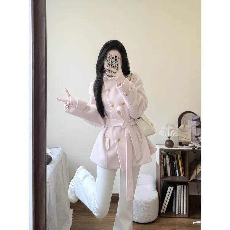 韩系甜美粉色立领短款毛呢外套女秋冬高级感气质系带收腰呢子大衣