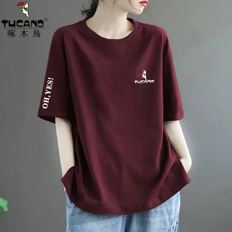 啄木鸟纯棉美式设计印花短袖t恤衫新款夏季酒红色情侣宽松上衣潮