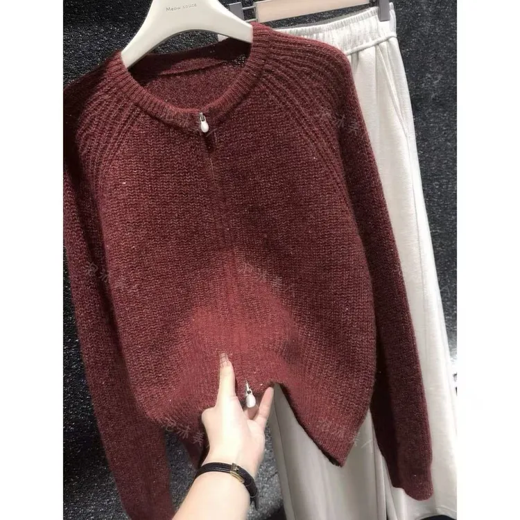 珠光石榴红」巨好看！加厚冬季外套小个子宽松针织毛衣女显白洋气