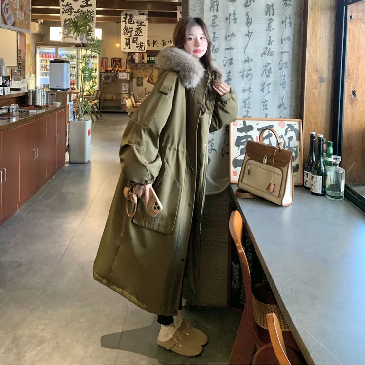 派克服女款新款2025年爆款韩版高级感小个子加绒加厚毛领外套长款