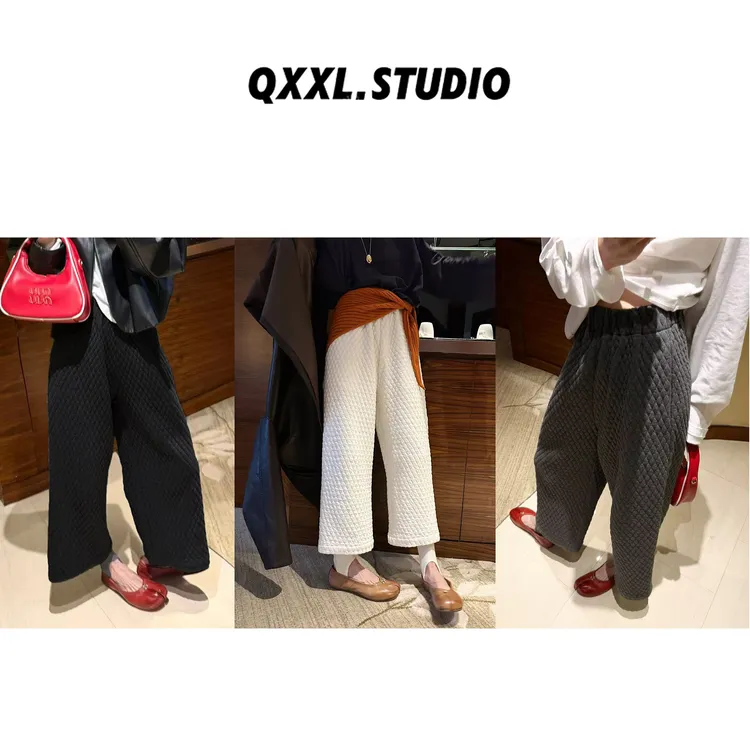 邱小小丽呀 秋冬新款复古加厚菱形格九分裤女宽松休闲直筒阔腿裤