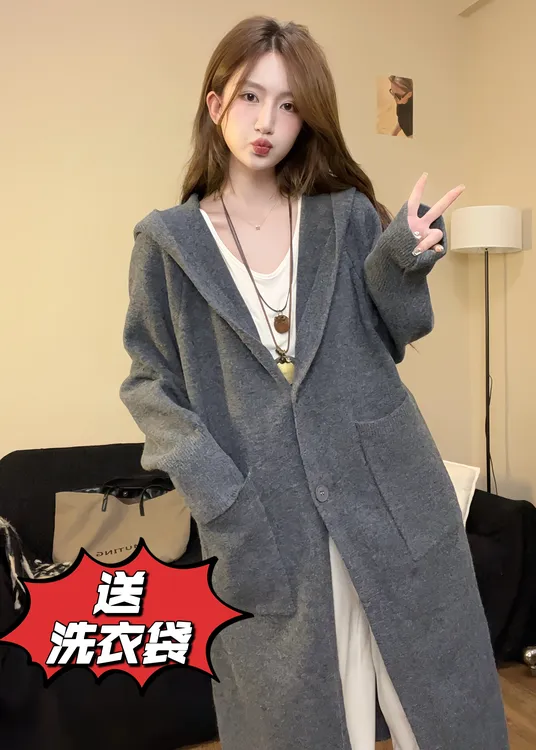 ［拍一发二  运费险］口袋款秋冬新款连帽长款中长款针织衫毛衣女潮