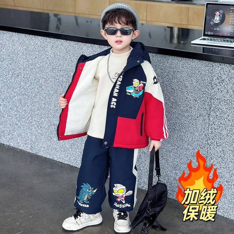 奥特曼衣服男童加绒加厚套装2025新款儿童冬季防水冲锋衣保暖冬装