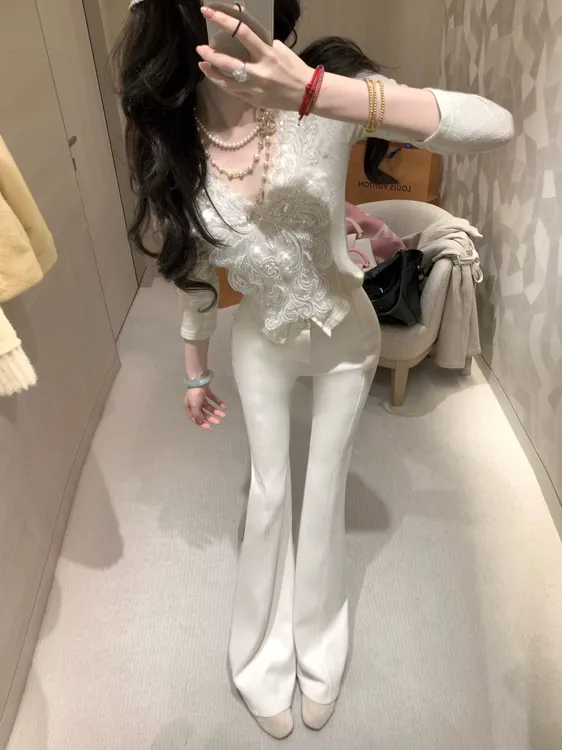 【雅乔定制】醋酸羊毛裤 毛呢微喇长裤女高腰白色裤子DYTH-25094010