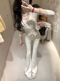 【雅乔定制】醋酸羊毛裤 毛呢微喇长裤女高腰白色裤子DYTH-25094010