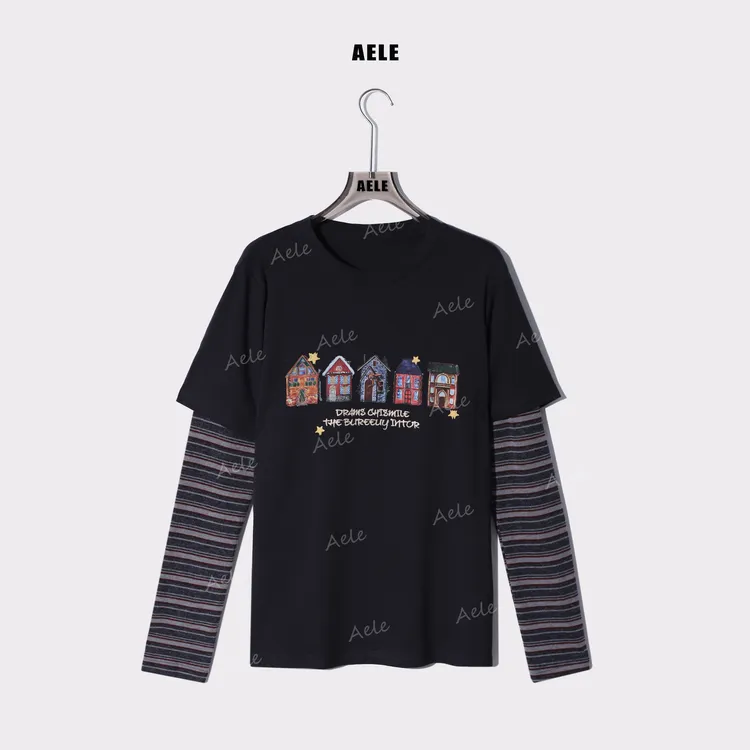 AELE设计师假两件烫印图案条纹长袖拼接百搭T恤 T855 3328 AD
