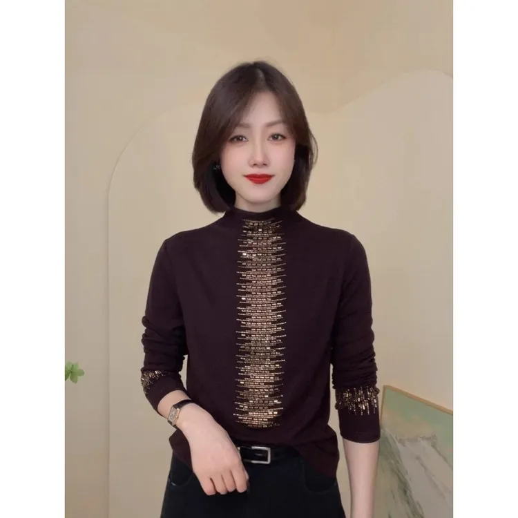 女士纯色百搭秋季新款半高领烫钻长袖休闲衬衫气质女士修身小衫女