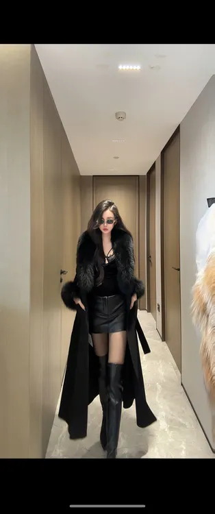 【绮绮专属】黑色超大狐狸毛领双面羊毛大衣修身显瘦加长版