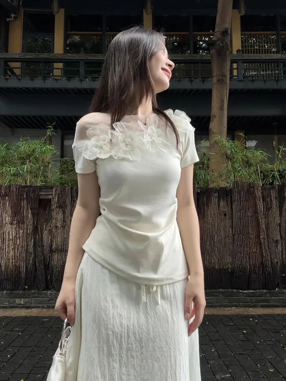 2025夏季新款清冷感法式斜肩上衣高腰气质半身裙简约时尚两件套女