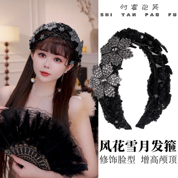 风花雪月发箍镶钻雪花宽边亮片发饰秋冬可拆卸流苏老钱风氛围头饰