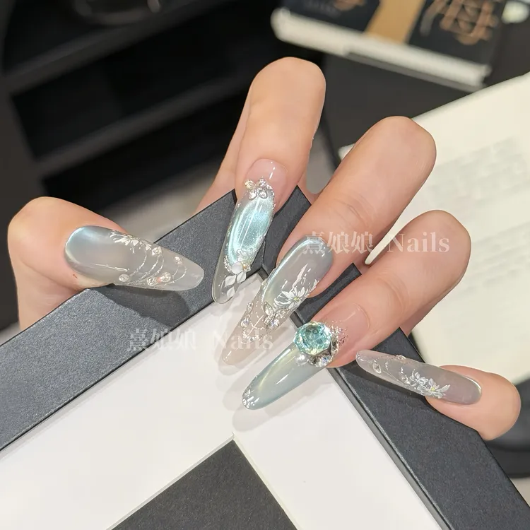 【熹娘娘—蓝调琉璃幻境】雕花锆石玫瑰切钻高级纯手工穿戴甲