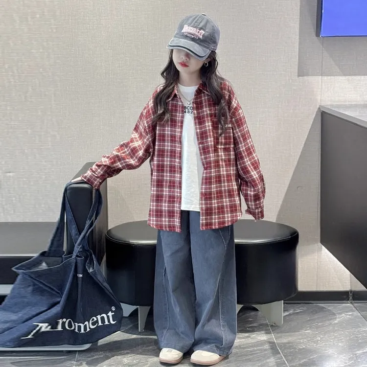 女童格子衬衫春秋款2025新款洋气女孩大童上衣初中生秋装长袖外套