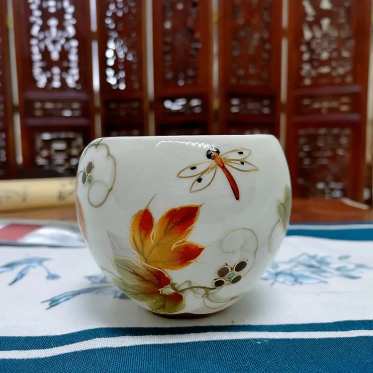 日本陶葊窑手作手绘野葡萄和蜻蜓高级茶杯汤吞杯主人杯