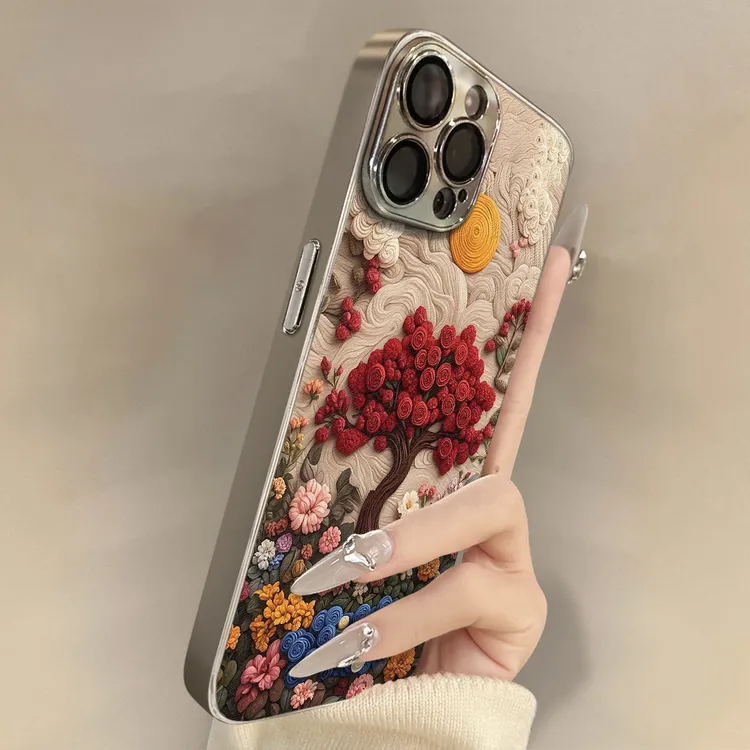 适用苹果17promax女款电镀小羊皮手机壳iPhone16油画花朵镜头全包