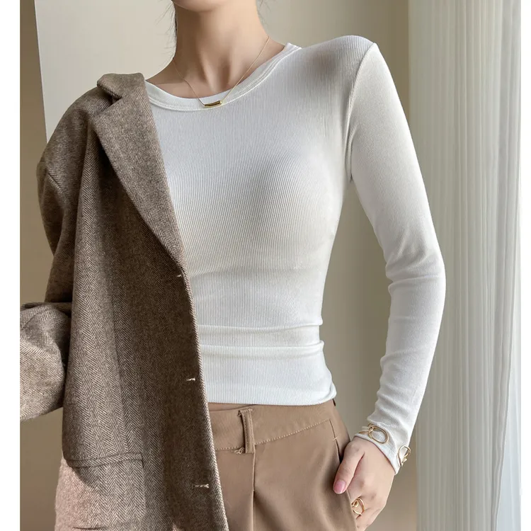 春秋冬爆款莫代尔螺纹圆领修身打底衫女长袖t恤内搭薄款外穿上衣