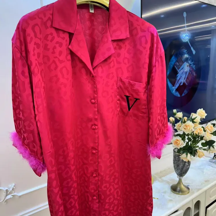 夏季法式轻奢风毛毛拼接中长袖睡衣家居服女