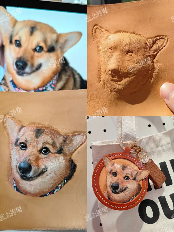 原创手工真皮定制猫狗立体皮雕钥匙扣宠物纪念品