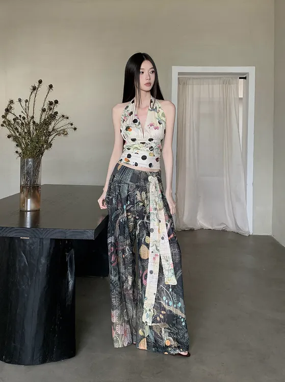 奇幻花卉果实波点印花挂脖上衣纱织印花休闲裤女镂空透气阔腿裤