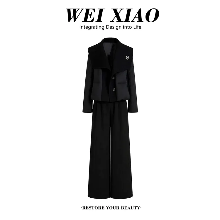 2025冬季新款设计高级感针织拼接棉服外套女休闲直筒裤保暖两件套