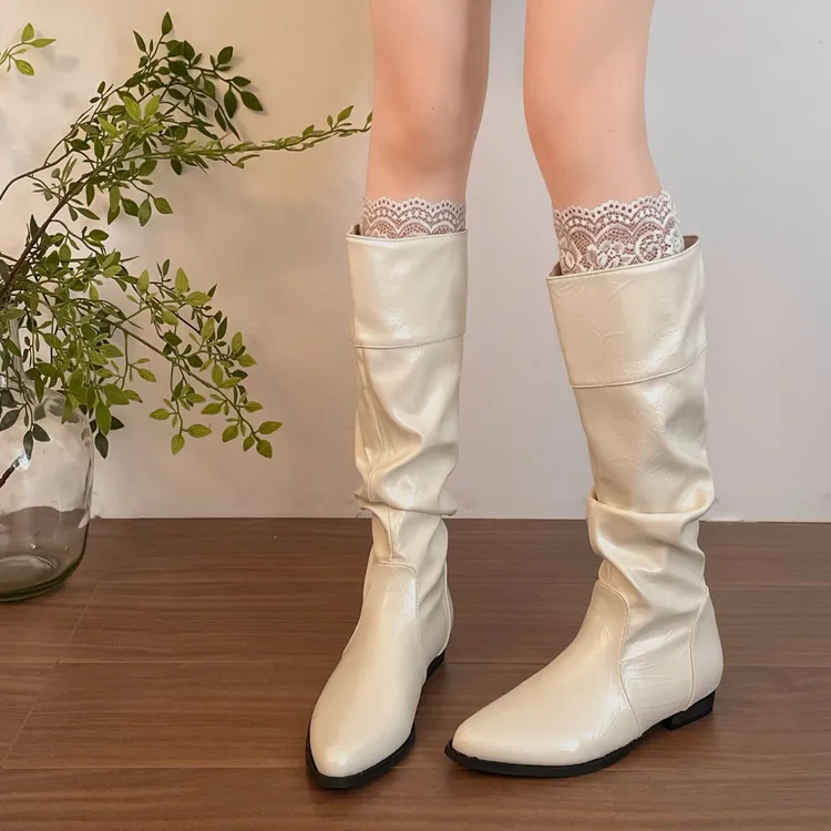 米色尖头复古粗跟长筒靴女2025新款秋英伦显瘦百搭内增高骑士靴子