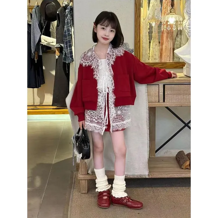 女童蕾丝卫衣套装2025儿童春秋装女大童时尚棒球服外套裙裤三件套