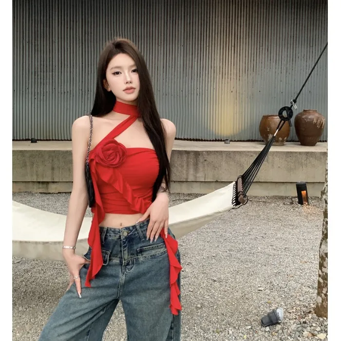性感辣妹花朵飘带抹胸背心女夏季修身荷叶边红色外穿短款绝美上衣