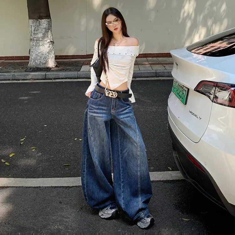 美式拼接提臀小个子垂软显瘦显高复古水洗弯刀牛仔裤子男女拖地裤