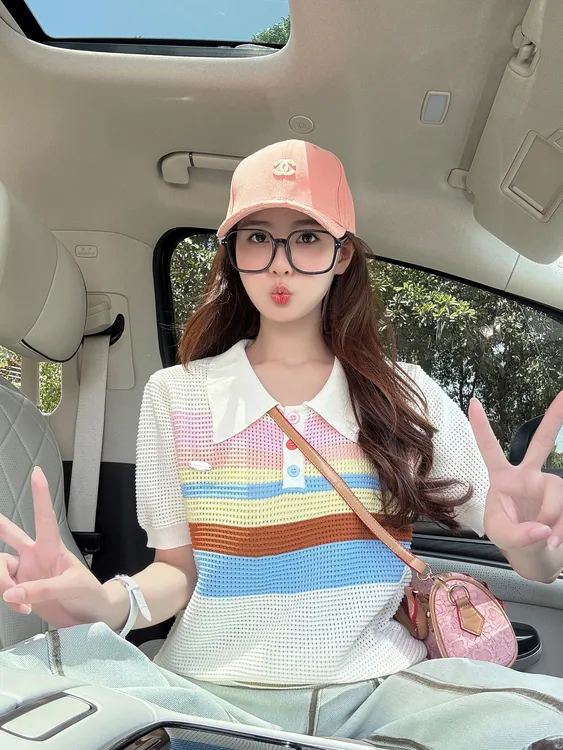 甜美气质时尚设计感韩版2025夏季撞色条纹POLO领针织短袖上衣潮