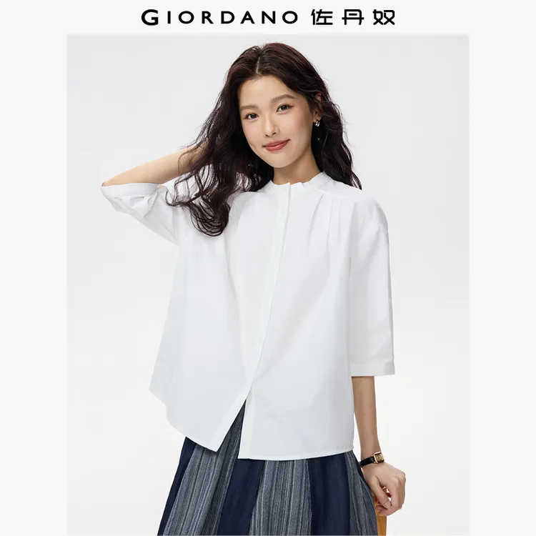 【双11抢先购】佐丹奴秋新款纯棉肩部压褶小立领中袖衬衫女05345870