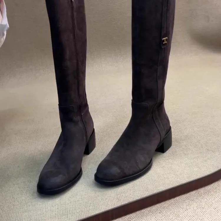 全羊皮~法式复古风时尚休闲舒适简约百搭粗跟通勤圆头时装靴