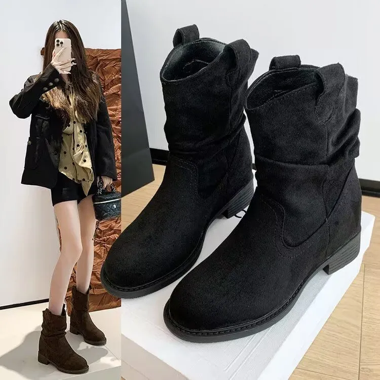 美拉德短靴女百搭堆堆靴2025秋季新款粗跟中筒时尚防滑牛仔马丁靴