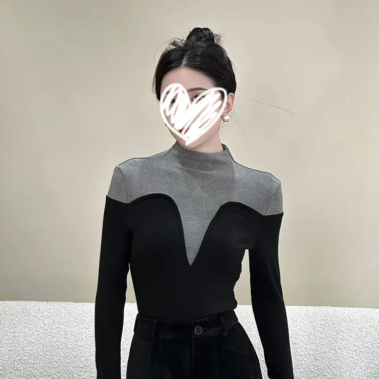 梦优莱美式高级感拼接半高领袖T恤女装秋冬季修身加绒内搭打底衫