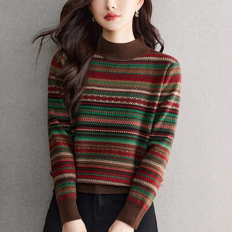 半高领条纹套头针织毛衣女冬季新款时尚百搭修身保暖内搭打底衫