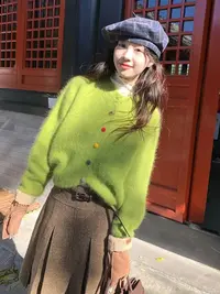 韩系彩色扣子圆领毛衣外套女秋冬新款宽松慵懒风软糯针织开衫上衣
