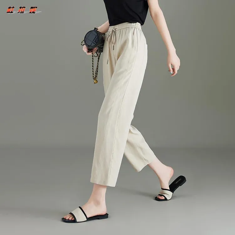杜拉妮冰丝直筒休闲裤女士2025秋季薄款大码宽松高腰棉麻九分裤子