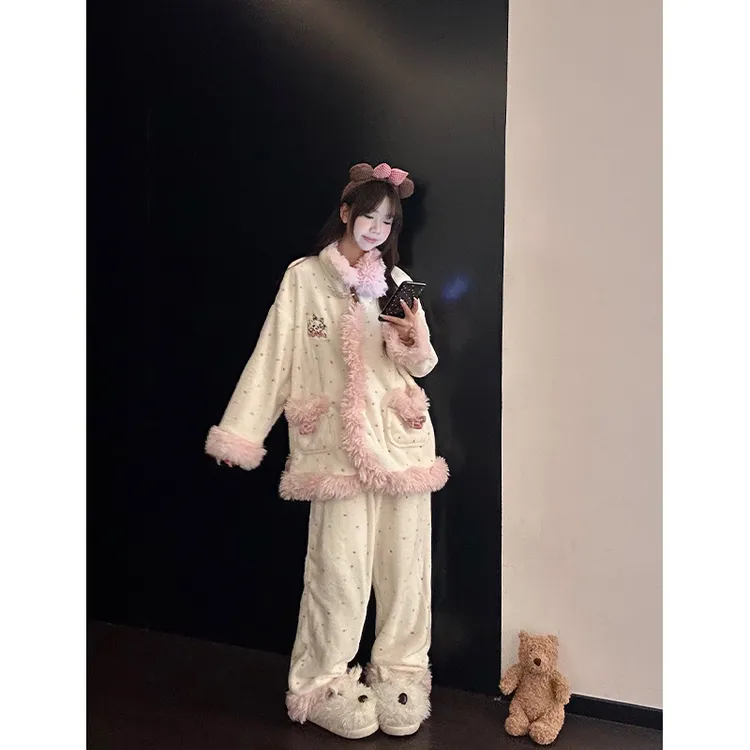 可爱甜美玛丽猫珊瑚绒保暖睡衣女秋冬季慵懒休闲家居服套装可外穿