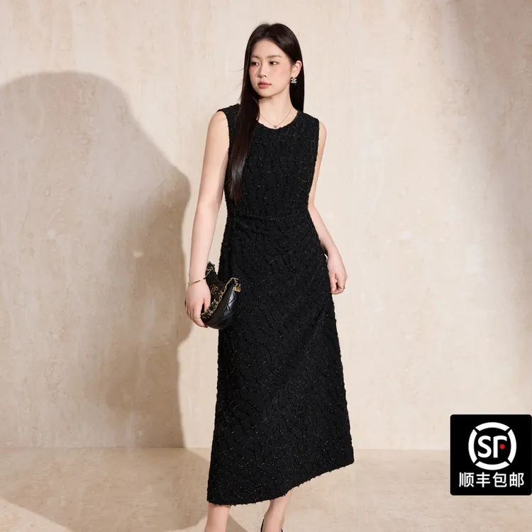 蓝语大码女装黑色立体流苏金丝线格纹圆领无袖连衣裙秋季