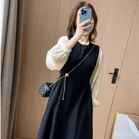 （现货）胖妹妹复古黑色假两件长袖连衣裙法式遮肉显瘦打底裙1369