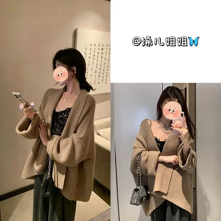 （浠儿姐姐）秋冬披肩咖色翻领落肩针织开衫宽松慵懒中长款系带外搭