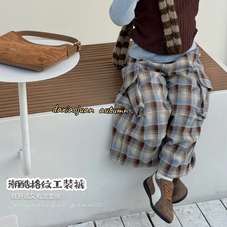 现货【大小卷】秋季新款儿童潮流帅气格纹工装裤-52581