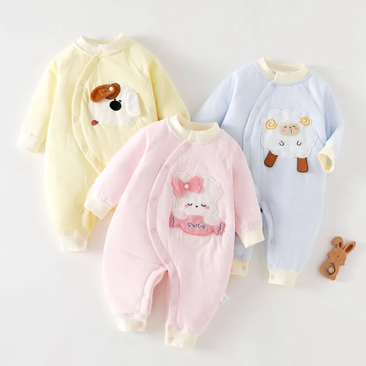 秋冬新款婴儿连体薄棉袄夹棉新生儿哈衣爬服偏扣护肚卡通宝宝棉服